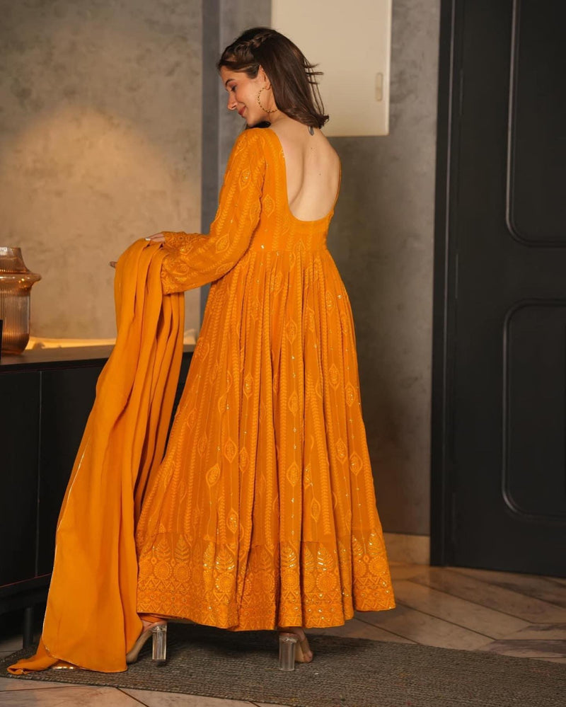 Mustard Embroidered Georgette Sequence Work Suit Set