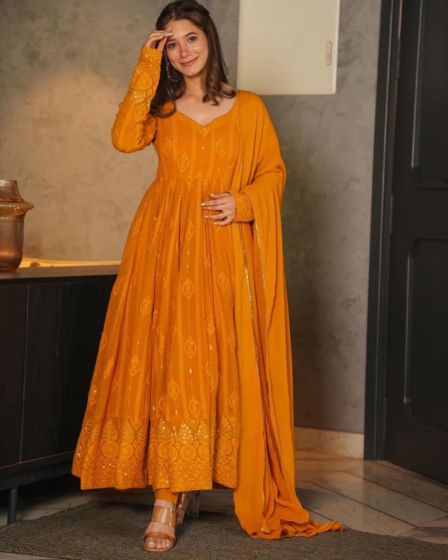 Mustard Embroidered Georgette Sequence Work Suit Set