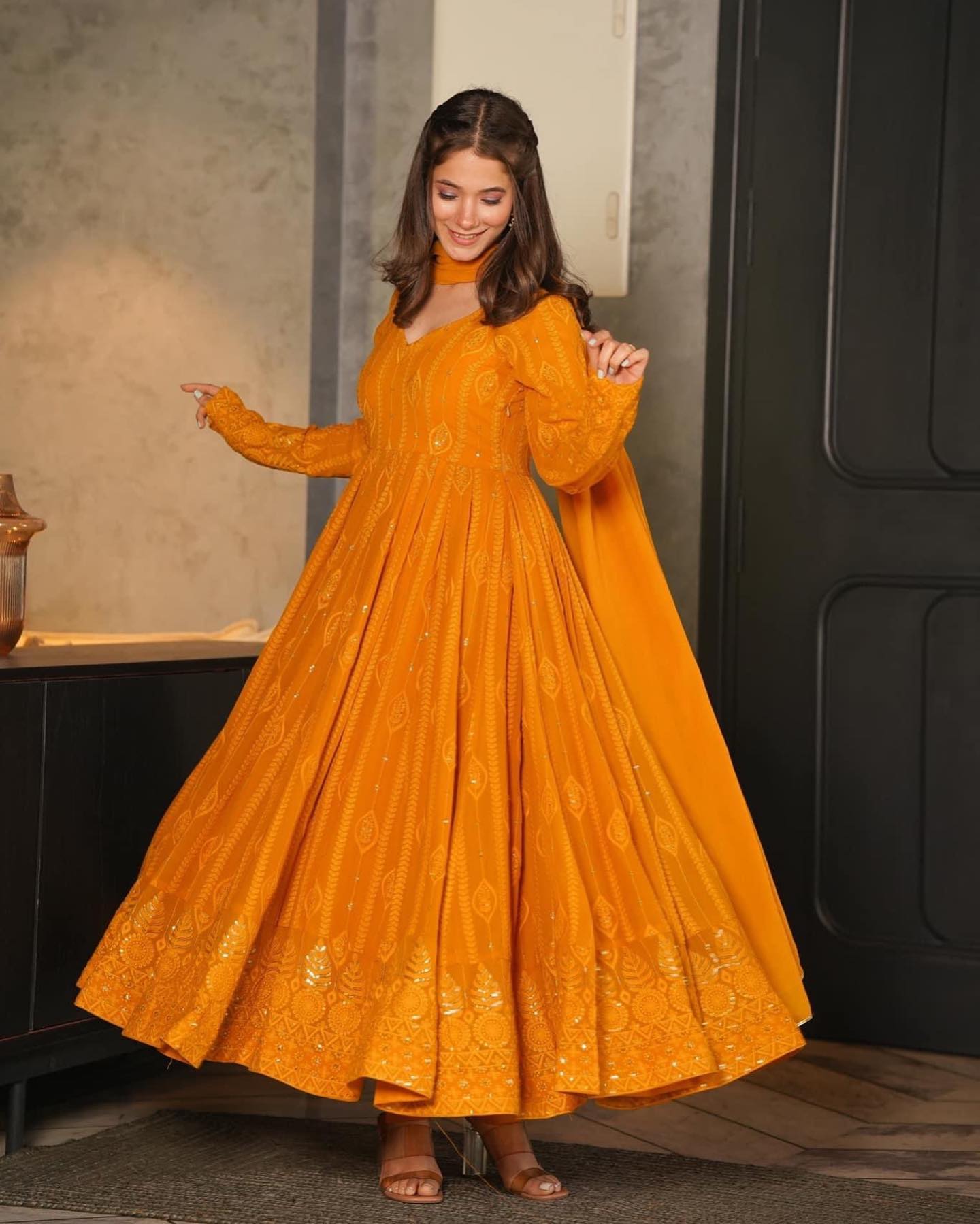 Mustard Embroidered Georgette Sequence Work Suit Set