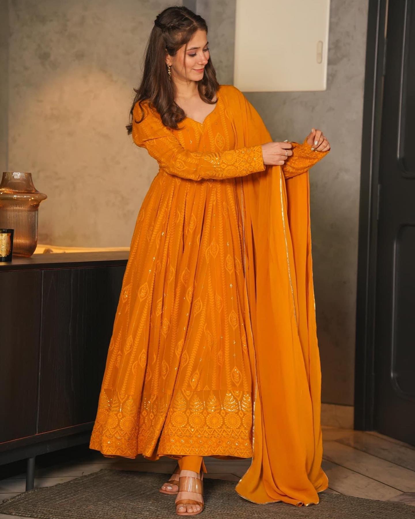 Mustard Embroidered Georgette Sequence Work Suit Set