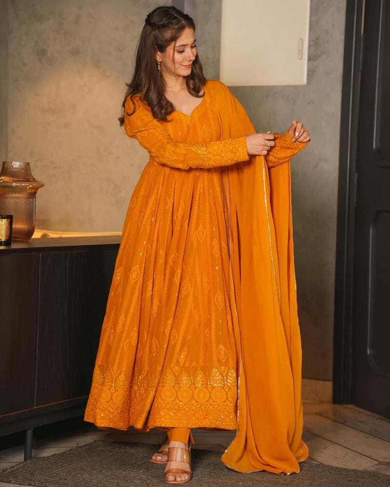 Mustard Embroidered Georgette Sequence Work Suit Set