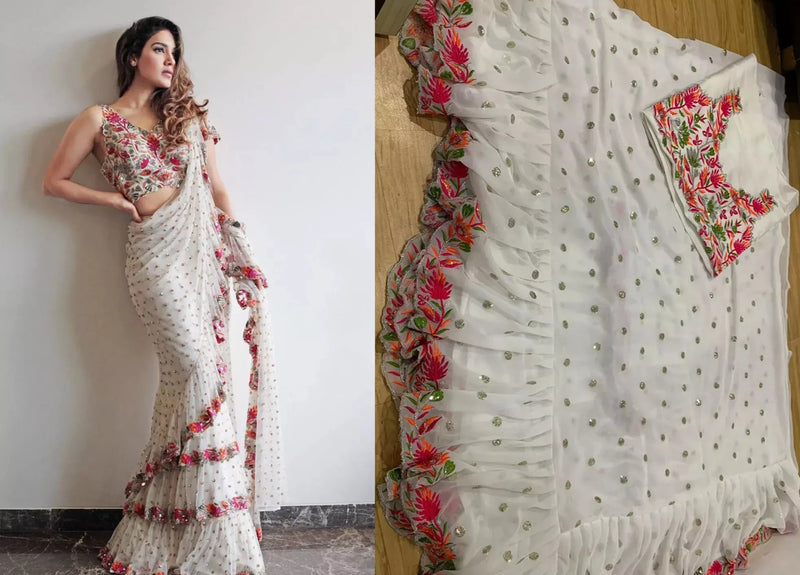 White Color Party Wear Heavy Ruffle Celebrity Saree